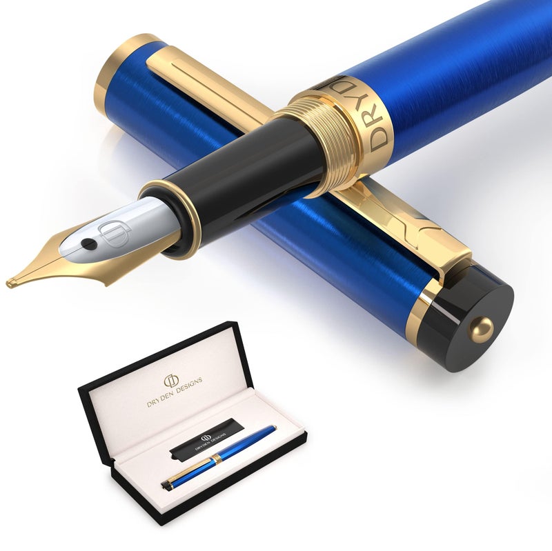 Dryden Designs Fountain Pen. Medium Nib Premium Box | 6 Ink Cartridges Included (Metallic Silver) - Image 1